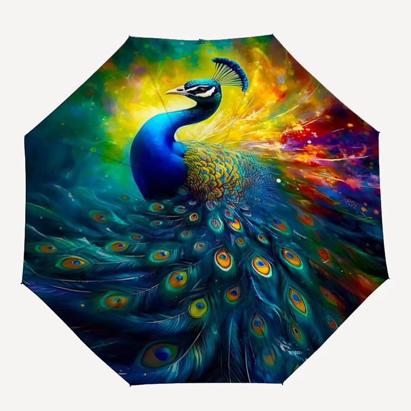 1 Stück Pfau mit buntem Federemuster Automatischer Regenschirm ist Modisch und Gut Aussehend, Geeignet für Reisen und den Täglichen GebrauchC089
