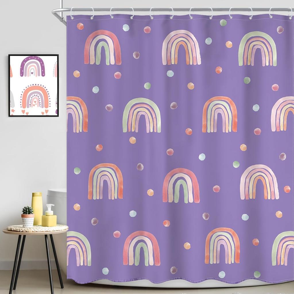 Kids Girls Purple Rainbow Shower Curtain Boho Rainbow Lavender Polka Dots Cartoon Cute Princess Vintage Preppy Girly Bathroom