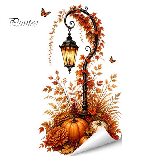 Thanksgiving Window Clings Autumn Pumpkin Street Lamp & Maple Leaves Wall Sticker, Waterproof PVC Fall Harvest Atmosphere Decor Decal, Decorative Peel