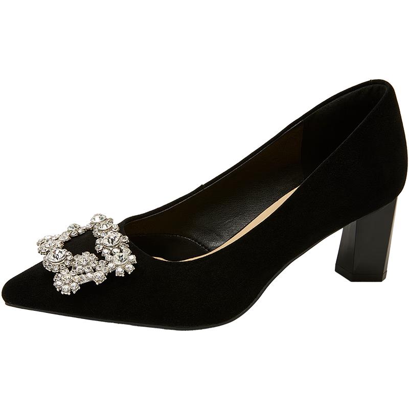 COMELY Women s Rhinestone Pointed Toe Block Heel Pumps 35