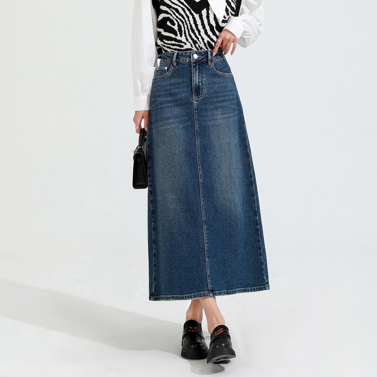 

Весна 2025 года, синяя джинсовая юбка А-силуэта с разрезом в стиле ретро - женская облегающая эластичная юбка средней длины Size 26