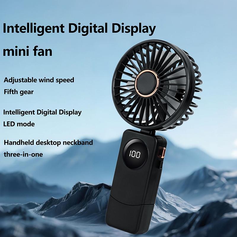 

Portable Handheld Personal Rechargeable Fan Led Digital Display 90°Adjustable Rechargeable Fan 5 Speed Wind With Lanyard 1