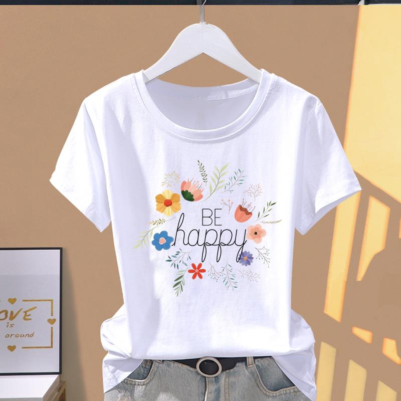 

(Asian Size) Short Sleeve T-shirts Print flower trend cute floral Fashion Female Casual Top T O-neck Graphic Tee Women s Clothing S