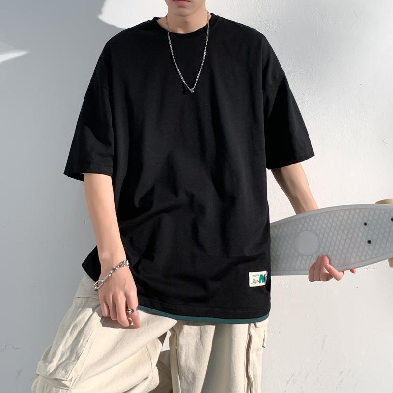

Men s Black Oversized T-Shirt, Casual Short Sleeve Fake Two-Piece Top with Small Label Detail M чорний