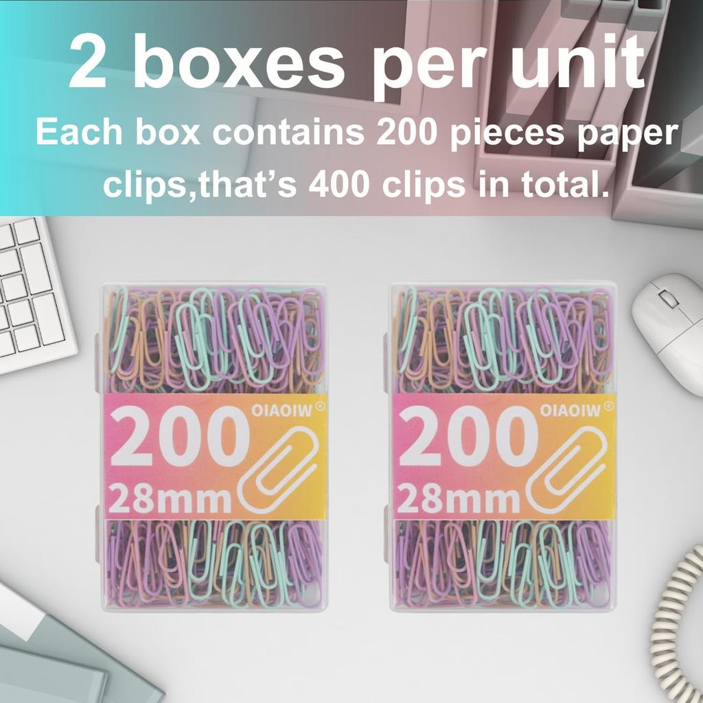 Macaron Colored Paper Clips 400 PCS Small Size Paper Clip 1.1 Inch (28mm) 2 Boxes of 200 PCS Each PaperClips Suitable for Office School Paperwork and