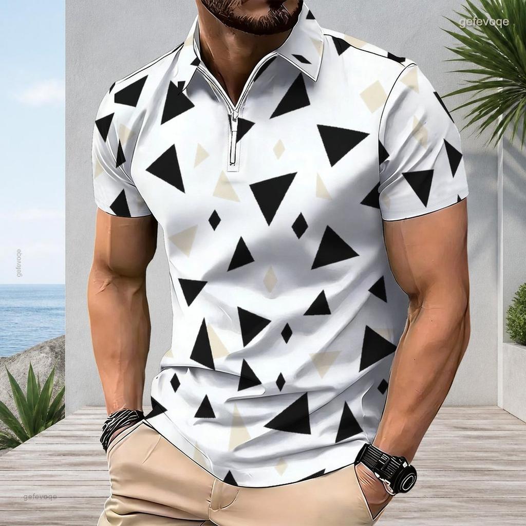 Men Plus Size Short Sleeve Quarter Zip Collared Polo Shirt Geometric Printed White Black Orange