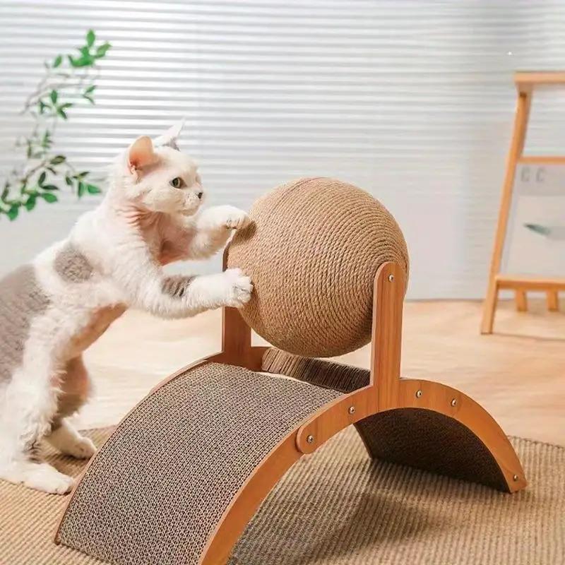 2 In 1 Cat Scratching Ball Wooden Cat Scratcher Sisal Scratch Board Wear-Resistant Grinding Paw Toy Solid Wood Scraper for Cats
