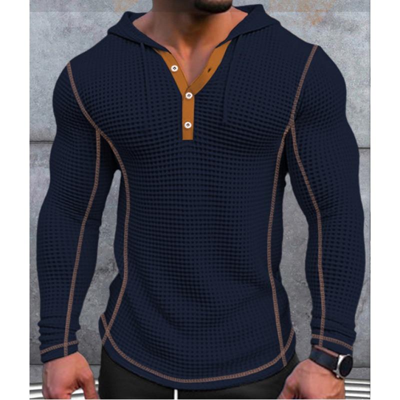 Men Waffle Knit Hooded Henley Shirt Vacation Long Sleeve T Shirt Casual Fashion Style