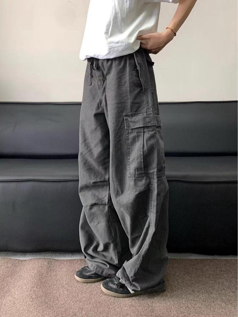Women's Retro Washed Cargo Pants - Multi-Pocket, Distressed, Loose Fit, Wide-Leg, Pleated with Drawstring.