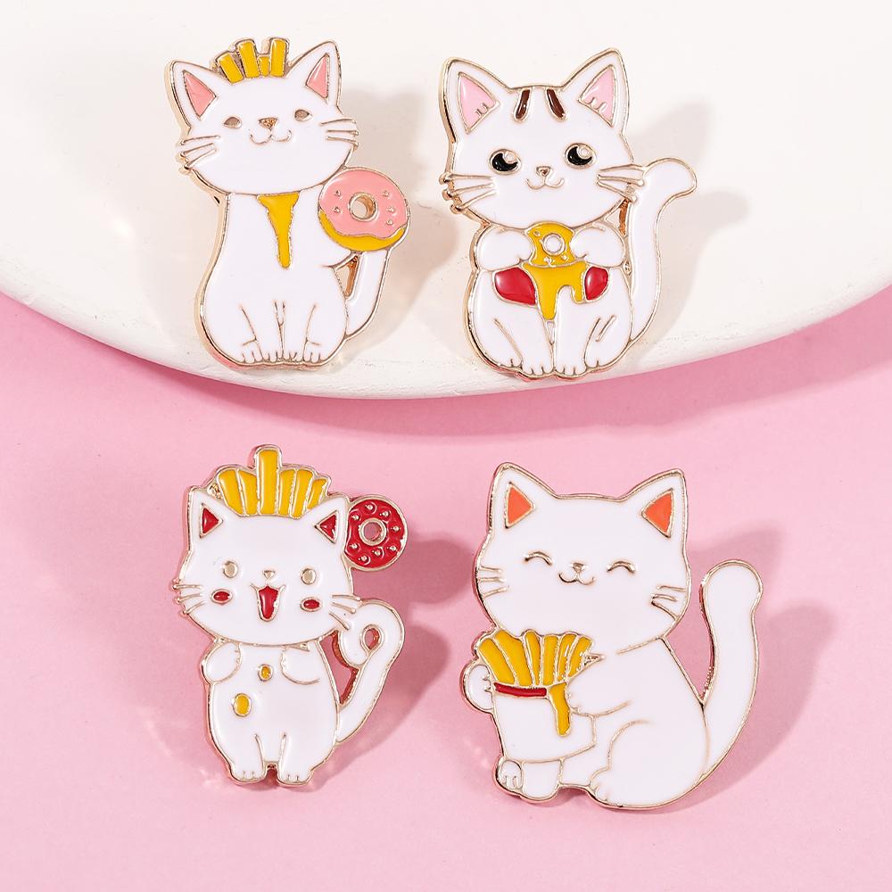 Happy Food Cats Enamel Brooches Cute French Fries Doughnut Pattern Kitten Pins For Pet Lovers Gift
