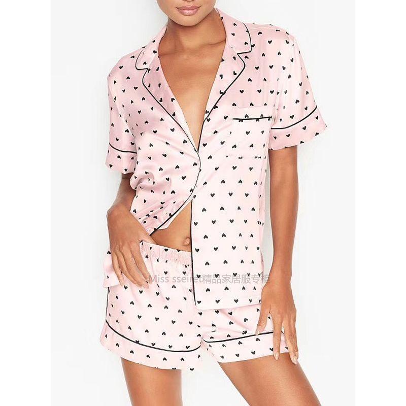 

Vido Artificial Silk Satin Surface Pajamas Women s Suit Small Heart Short Sleeve Shorts Spring and Summer Homewear Secret Small black Heart short L