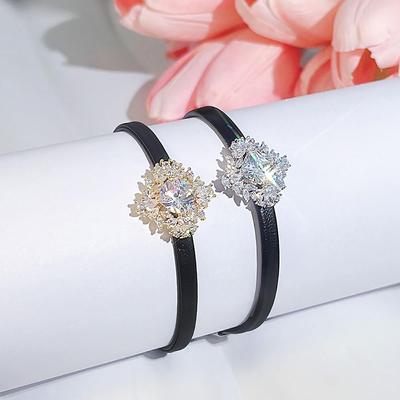 CMM Trendy Leather Belt Bracelets Cubic Zirconia Flower Charm Light Luxury Wristband Hand Jewelry for Women Daily Party Wear