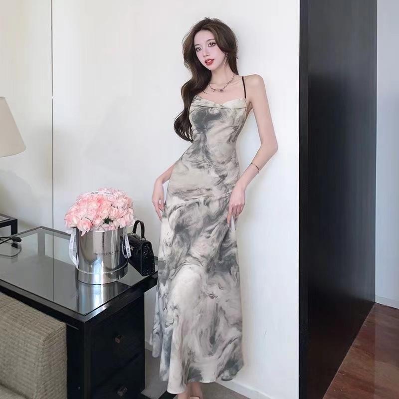 National Style Retro Dress Summer New Ink Painting Temperament Level Feeling Backless Temperament Suspender Skirt
