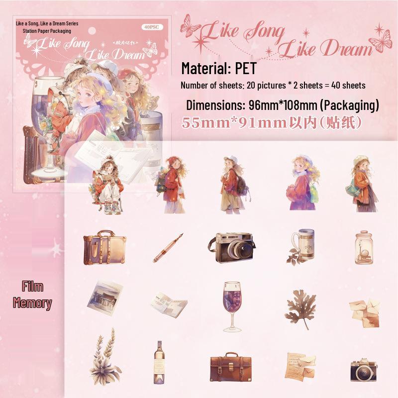 Like a Song, Like a Dream Series PET Sticker Pack - 40 Character Journal Decorative Stickers in 6 Designs