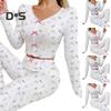 Women Lace Trim Pajama Set Long Sleeve V-Neck Front Button Tops Full-Length Pants Sleepwear Nightwear