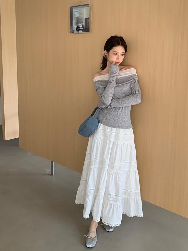 Women's High-Waisted White Cotton A-Line Skirt, Spring 2026 Korean Style, Casual Versatile Tiered Design