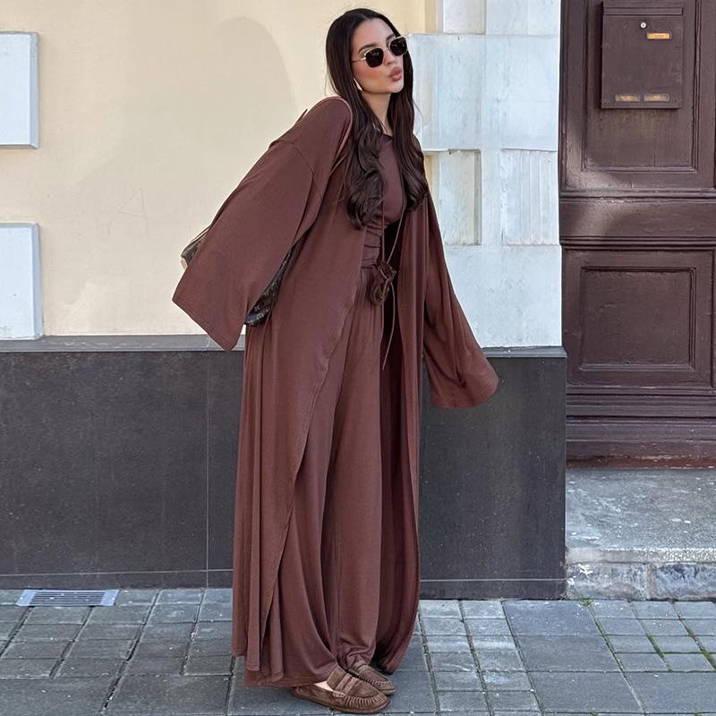 2025 Summer Women's Cross-Border Casual Set: Long Coat, Long-Sleeved T-Shirt, and High-Waisted Pants