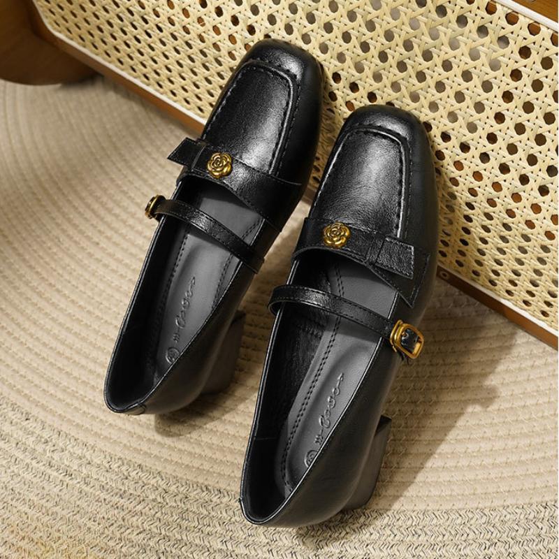 French Thick-heeled Camellia Shallow-mouth Shoes for Women, Spring Retro Mary Jane Leather Shoes
