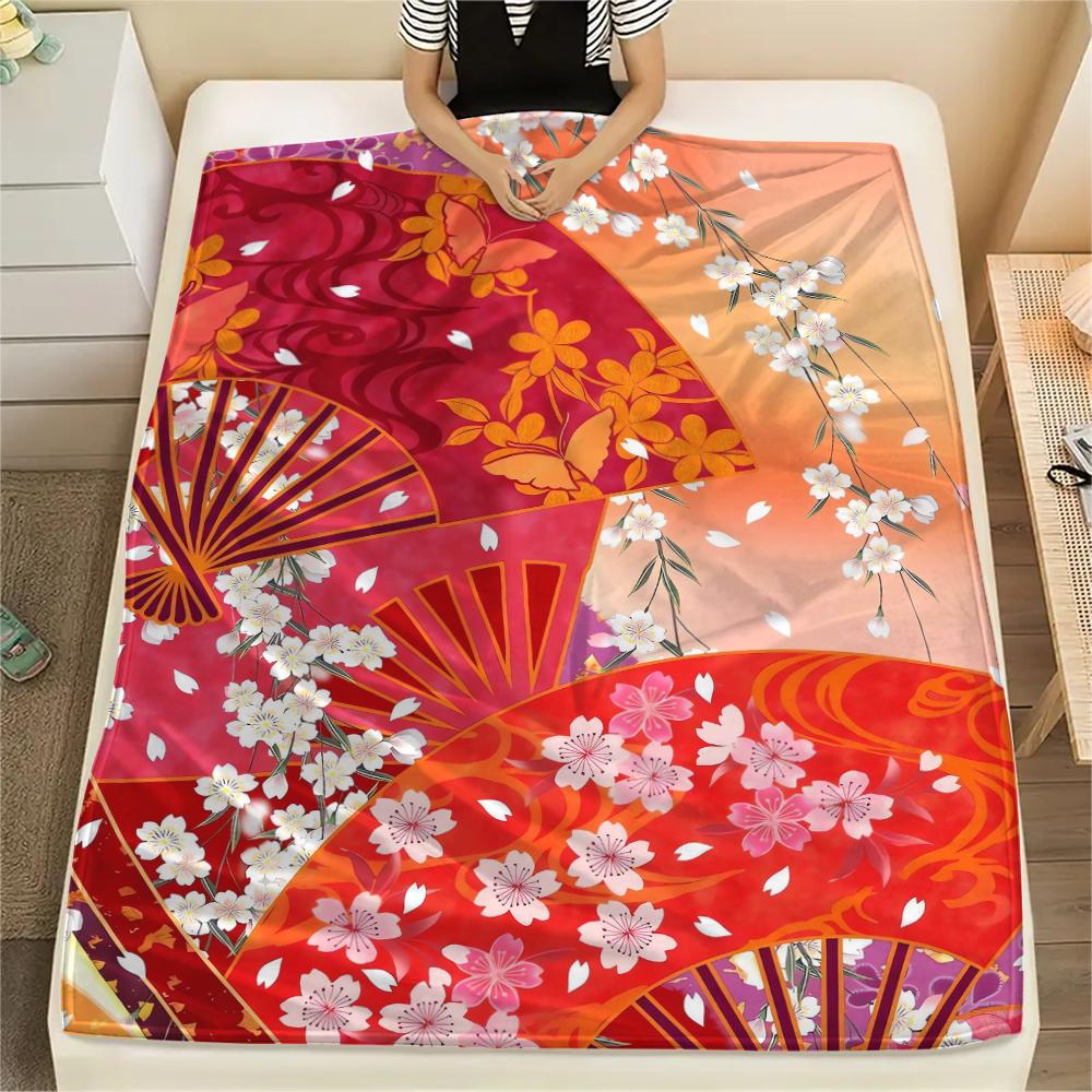 1Pc Japanese Pattern Print Flannel Blanket, High Quality Comfortable for All Seasons, Home Decor, Warmth and Comfort, Perfect for Christmas Gifts