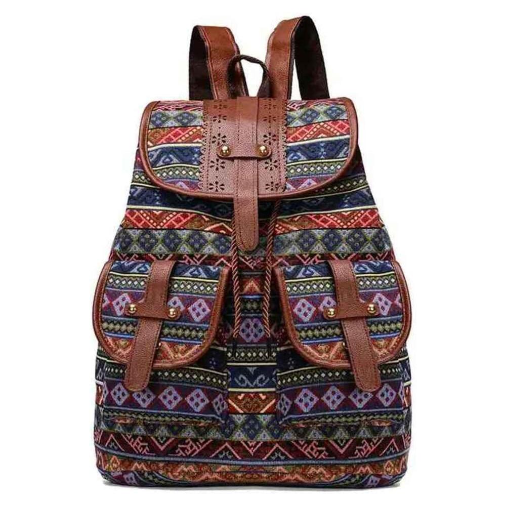 Hippie Canvas Women Backpack Purse- Boho Style Ethnic Drawstring Causal Double Shoulder Vintage Travel Daypack (Landscape), Large