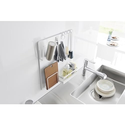 Yamazaki Tower Film Hooks, Steel Panel, White, Dimensions: 45cm W x 1.2cm D x 50cm H (including film hooks), Floating Storage, Kitchen Panel, Magnetic