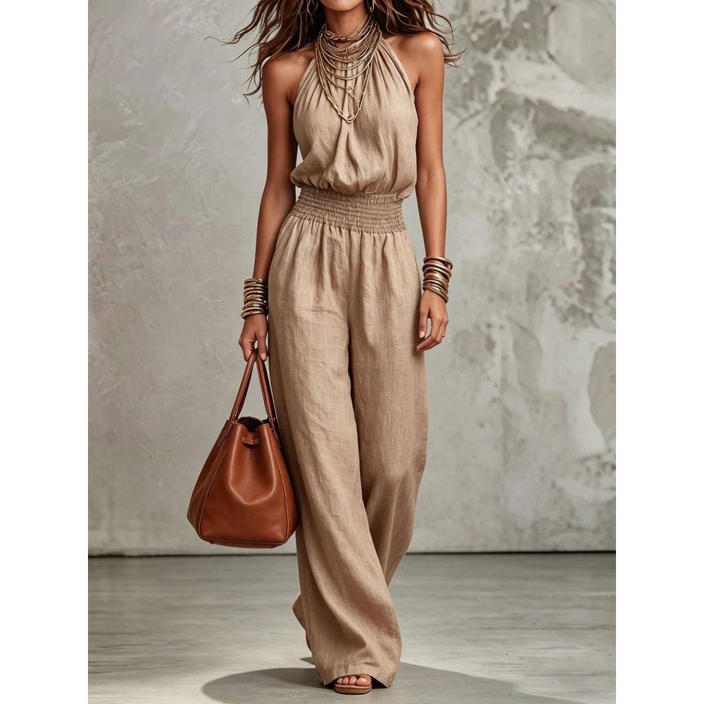 Mono de mujer con cuello halter sin mangas, cintura elástica, pierna ancha, casual de verano, color liso
