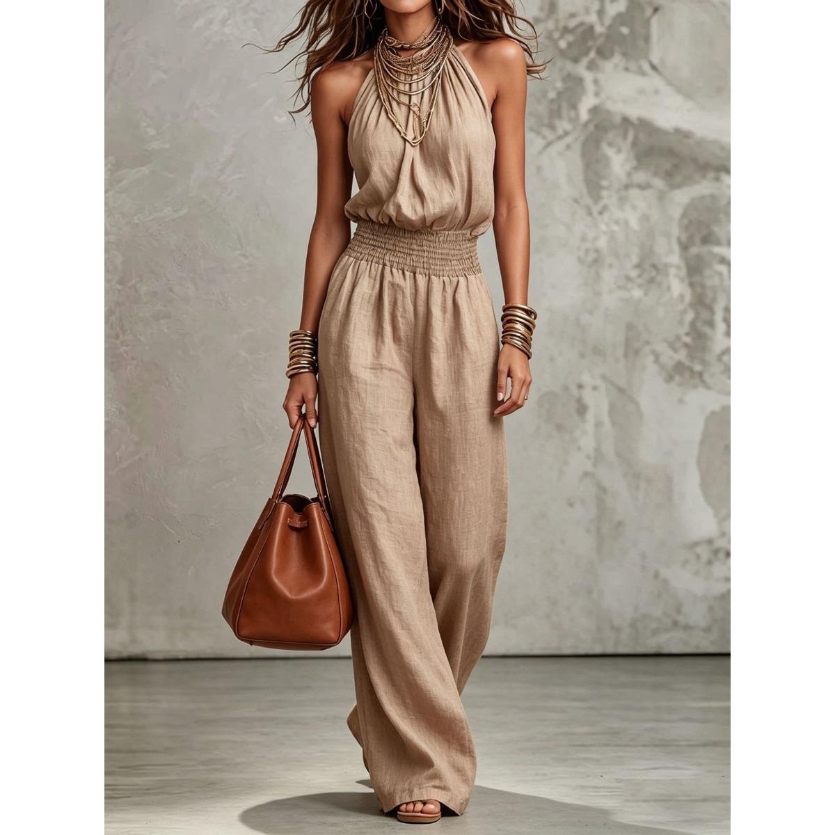 Women s Halter Neck Sleeveless Elastic Waist Wide Leg Jumpsuit Casual Summer Solid Color Romper S