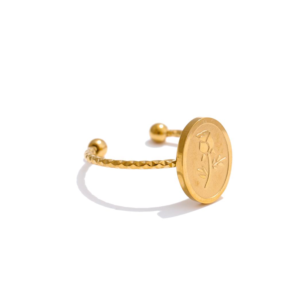 Yhpup 12 Month Birth Flower Floral Oval Open Ring Minimalist Stainless Steel 18K Golden Plated Charm Finger Jewelry Wholesale