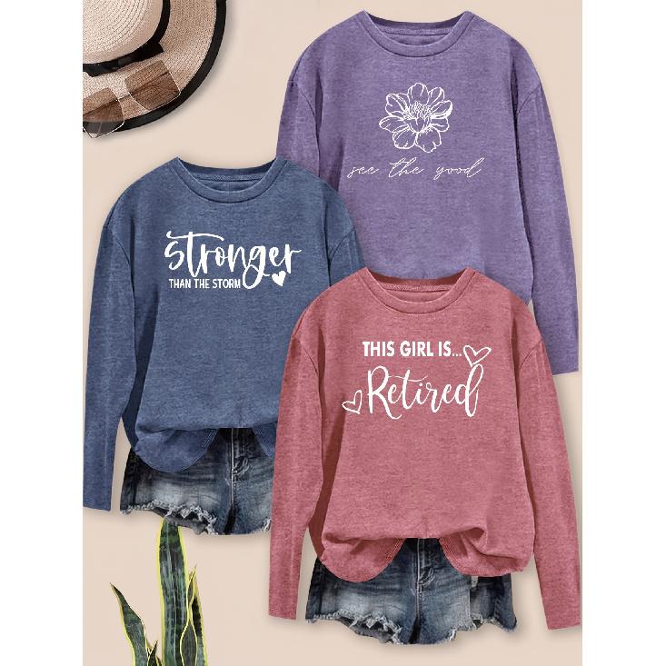 3-Piece Women's Set: Vintage Floral & Motivational Letter Print Long Sleeve T-shirts, Soft Round Neck, Casual To Semi-formal Style