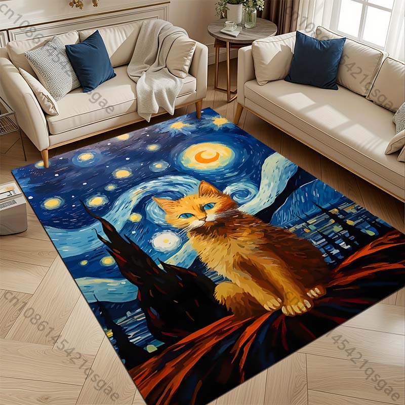 1PC Cat and Starry Night Background Print Carpet Rug for Living Room Bedroom Sofa Doormat Home Decor Non-slip Floor Mat