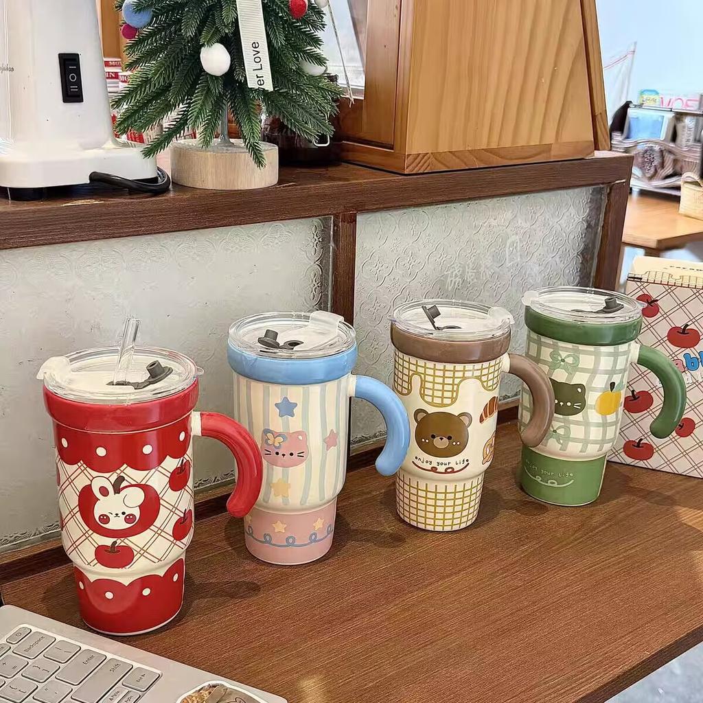 High-Value Straw Cup With Lid Ceramic Mug Large-Capacity Water Cup Girls Home Birthday Gift Souvenir
