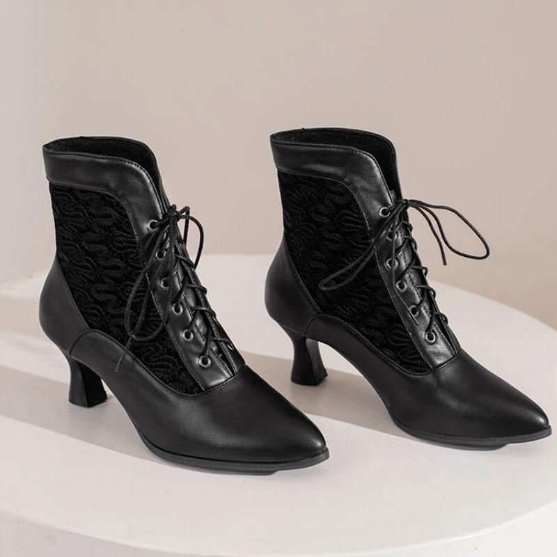 Women Victorian Ankle Boots Leather Lace Heel Shoes for Women  Fashion Lace Up Spliced Ladies High Heels Woman Boots Ankle 46