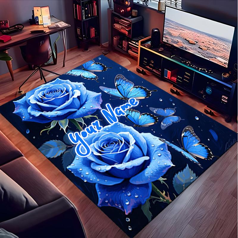 1PC Custom Name Blue Roses Butterflies Theme Floor Mat Ideal for Living Room, Game Rooms, Office, Bedroom, Office Floor Mat , Floor Mats for Home