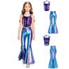 Girls Metallic Disco Outfit Sequins Sleeveless Backless Halter Crop Top Split Bell Bottom Flared Pants