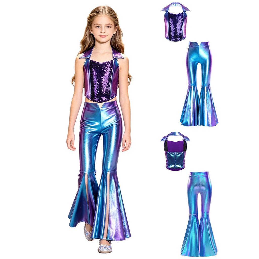 Girls Metallic Disco Outfit Sequins Sleeveless Backless Halter Crop Top Split Bell Bottom Flared Pants