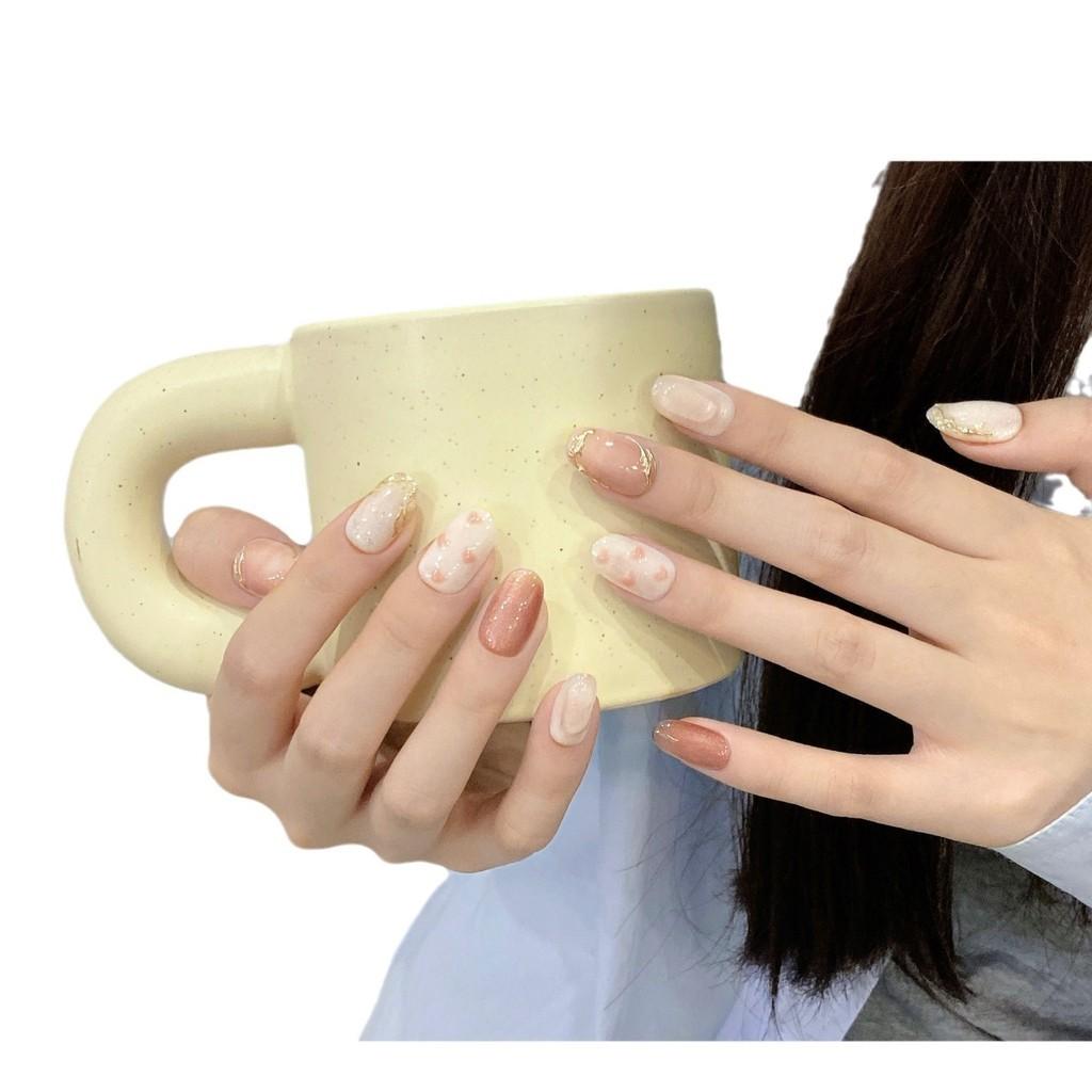 HANDMADE Artificial Nail Pink Heart Gilded Ice Transparent Phototherapy Nails Fake Nails Reusable and Removable Nails