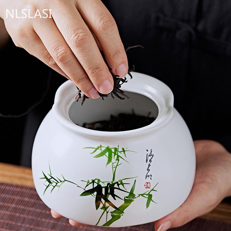 Chinese Bamboo Leaf Pattern Ceramics Tea Caddy Tieguanyin Containers Travel Portable Tea Box Sealed Jar Coffee Spice Organizer
