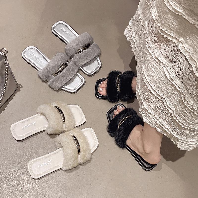 French Fairy Wind Fluffy Slippers Female Outer Wear 2025 Autumn and Winter New Small Fragrant Wind Flat Bottom Non-slip Lazy Word Drag