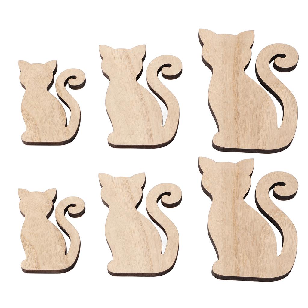 6Pcs Wood Cat Cutout 3 Sizes Exquisite Unpainted Unfinished Wooden Cutouts for DIY Craft Pet Party