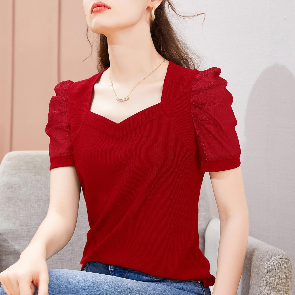 Ice Silk T-shirt Women's New Summer Short-sleeved T-shirt French Palace Style Puff Sleeve Top