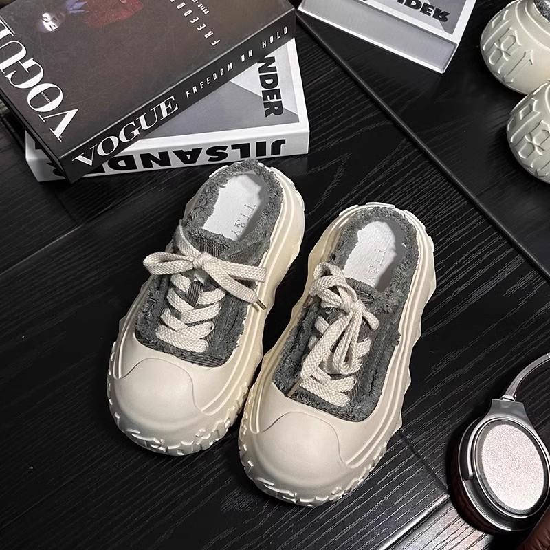 Denim Lace-up Bread Shoes Spring and Summer Muffin Thick-soled Bag Head Half Slippers Women's Height-increasing Casual Sports Shoes Outer Wear