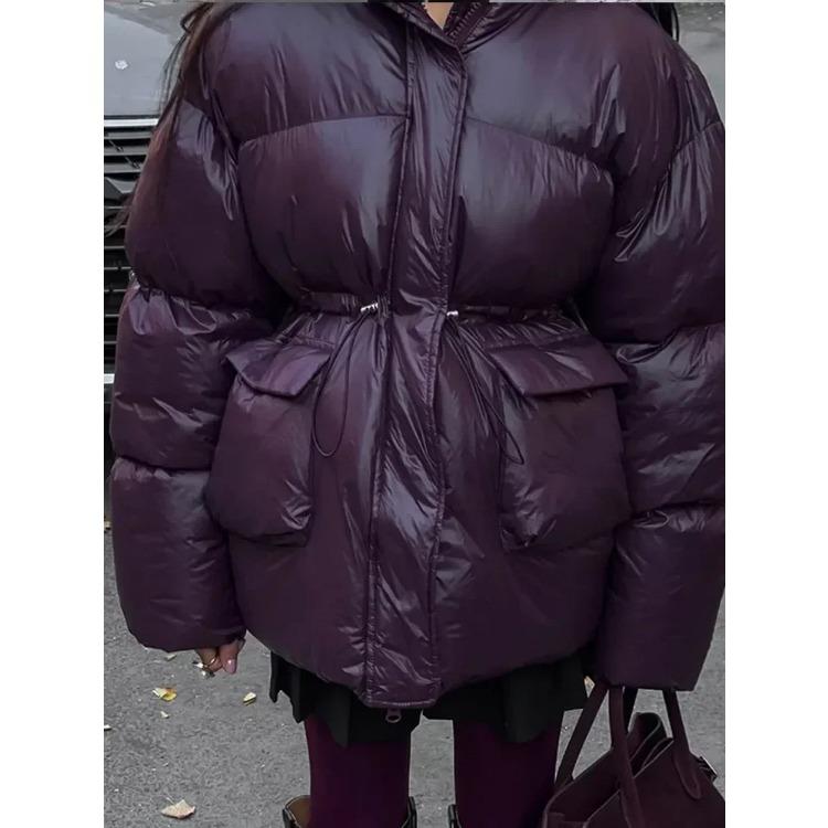 Winter Warm Burgundy Thicken Cotton Jacket Women Elegant Stand Collar Lace Up Pocket Zipper Coat Fashion Female Street Outerwear