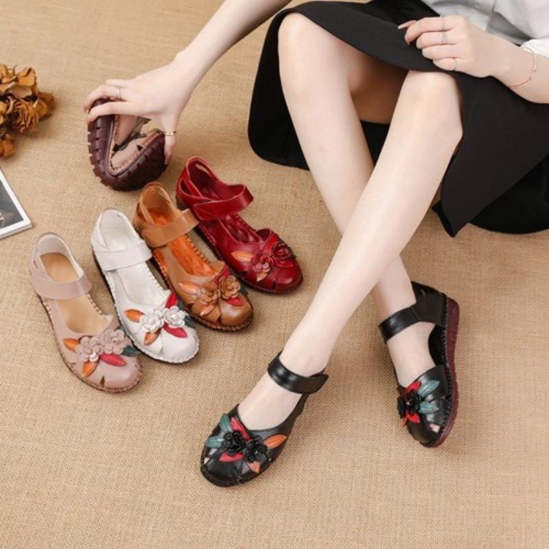 Summer leather beef tendon sole flat-soled sandals hole non-slip soft bottom soft surface