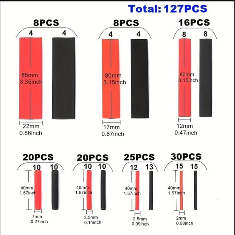 Tubing 2:1 Assortment Polyolefin Tube Car Cable Sleeving Wrap Wire Kit 127pcs Black Red Heat Shrink