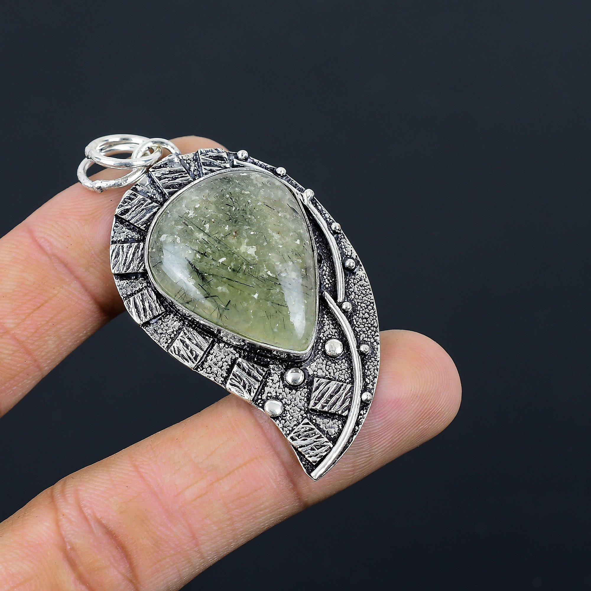 

Moss Moss Prehnite Gemstone Sterling Silver Bezel Trendy Mother Pendant Jewelry
