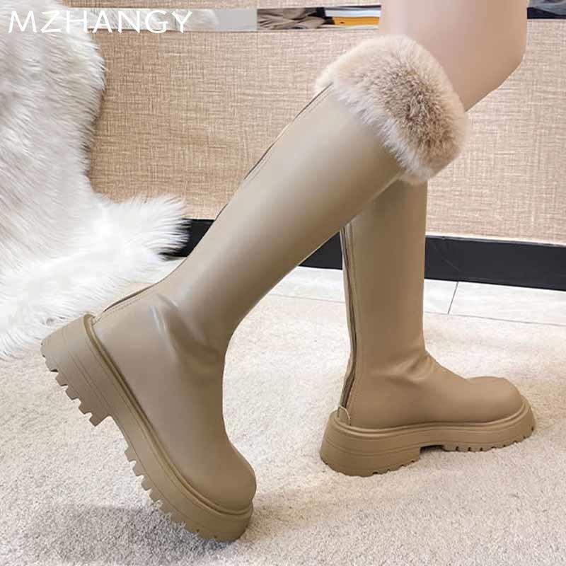 Pelz Plateau Damen High Heels Designer Elegant Mittelhoch Leder Schuhe Frau 2025 Trend Winter Pumps Fad Chelsea Stiefel Frau