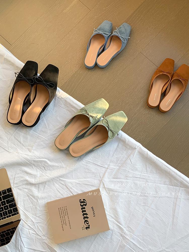 Women‘s Summer New Sandals Casual Slip on Lady Mules Butterfly-knot Comfort Slippers Square Toe Slingback Ladies Flat Sandals