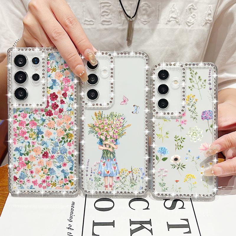 Floral Print Diamond Frame Phone Case For Samsung S25 Edge S24 FE S23 Ultra S22 A56 A36 A16 A15 A55 A35 Clear Shockproof Soft Silicone Cover