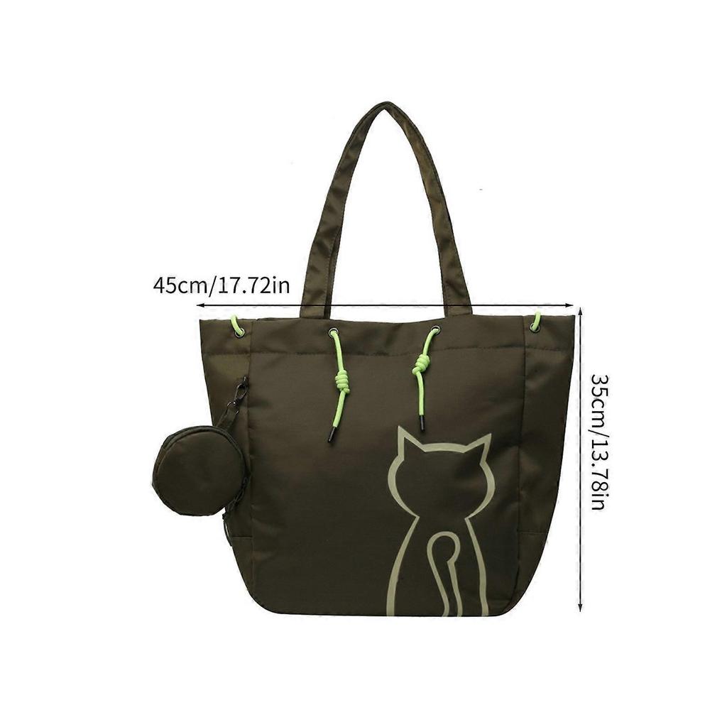 Womens Bag Large Capacity Shoulder Bag Canvas Handbags Cat Print Shopping Bag Student School Bag for Daily Travel Dating Green