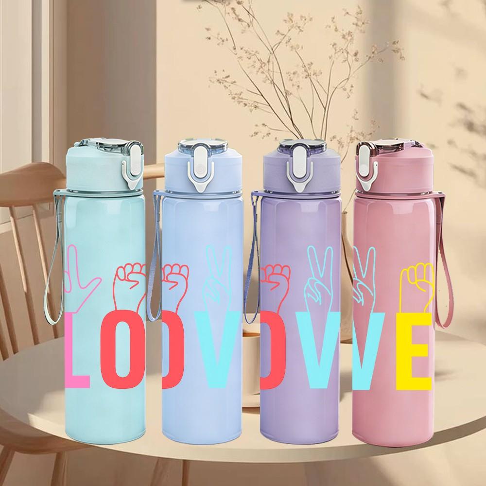 1PC Love Fingers Color Letter 750ml Color Plastic Sports Water Bottle Leakproof Flip Straw Lid Suitable for Sports Office Home Use